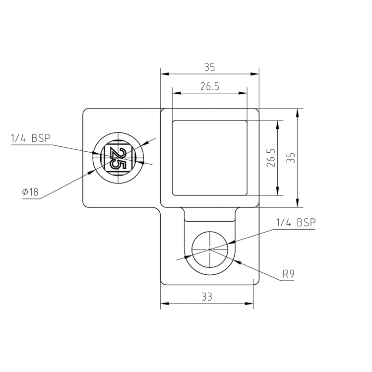 Dreiweg-Eckstück - 90° für quadratische Rohre, schwarz - 25 mm