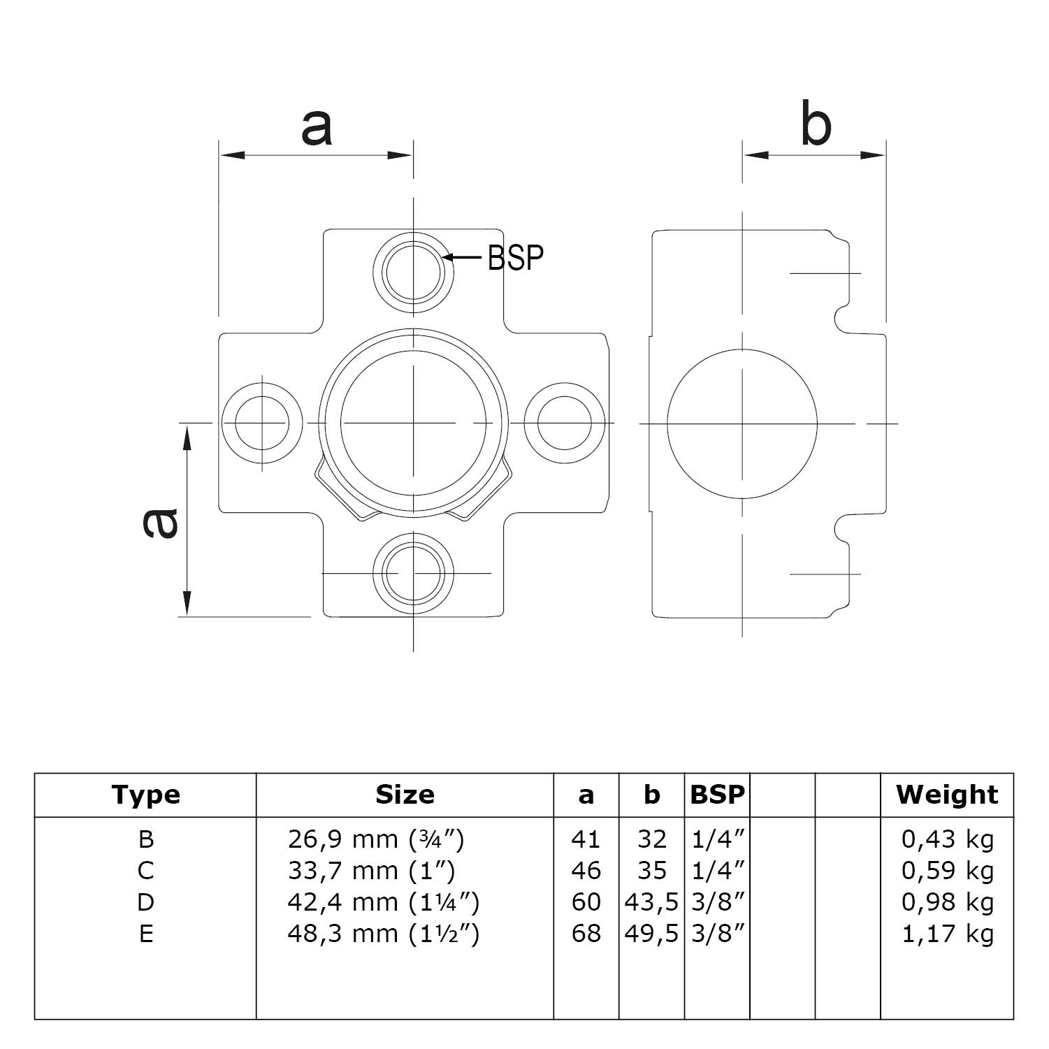 Kreuzstück für Stützrohr. 4-Richtungs-Verbinder, schwarz 26,9 mm (¾”)