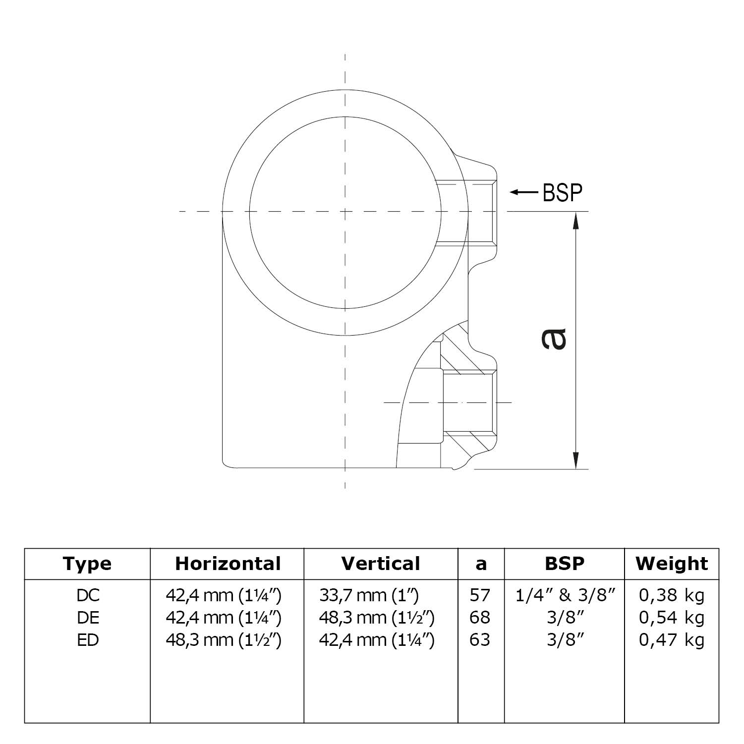 T-Stück kurz, Kombinationsmass 48,3 mm (1½”) - 42,4 mm (1¼”)