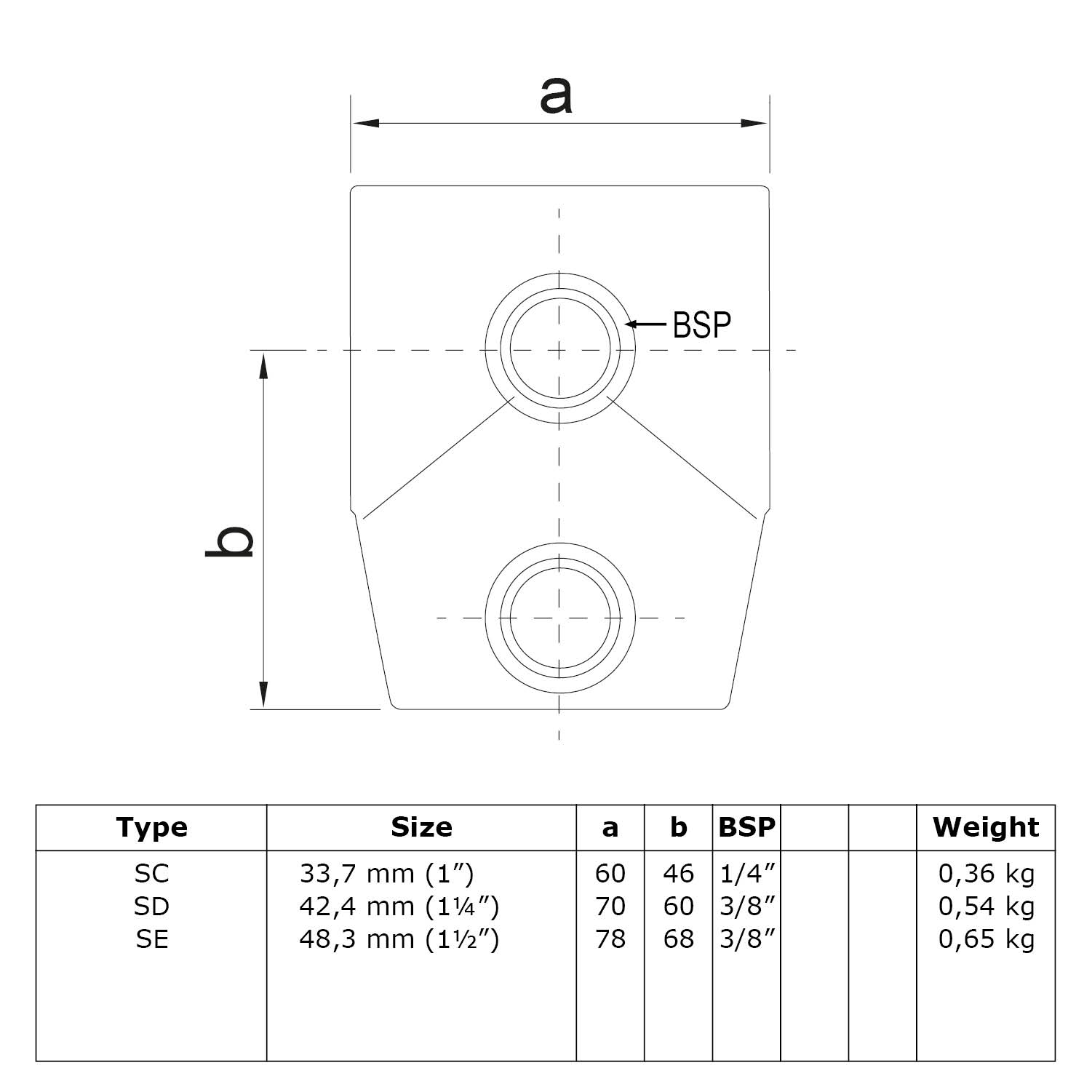 T-Stück, kurz variabler Winkel 0° - 11° 48,3 mm (1½”)