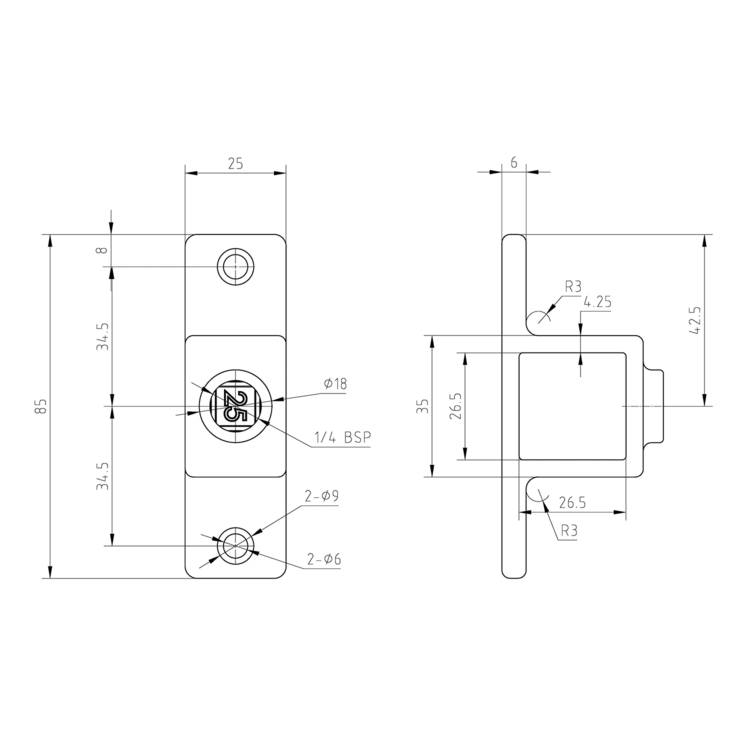 Ösenteil mit Doppellasche für quadratische Rohre, schwarz - 25 mm