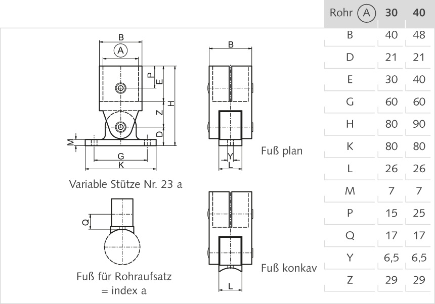 variable Stütze Aluminium 30mm, Fuss konkav