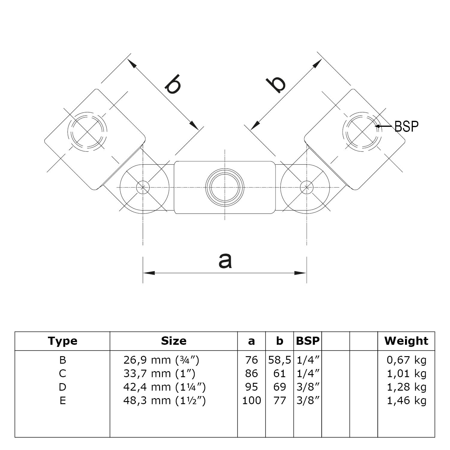 Gelenkstück, doppelt 42,4 mm (1¼”), bestehend aus 1 x 608038D und 2 x 608042D inkl. 2 Schrauben M10x35