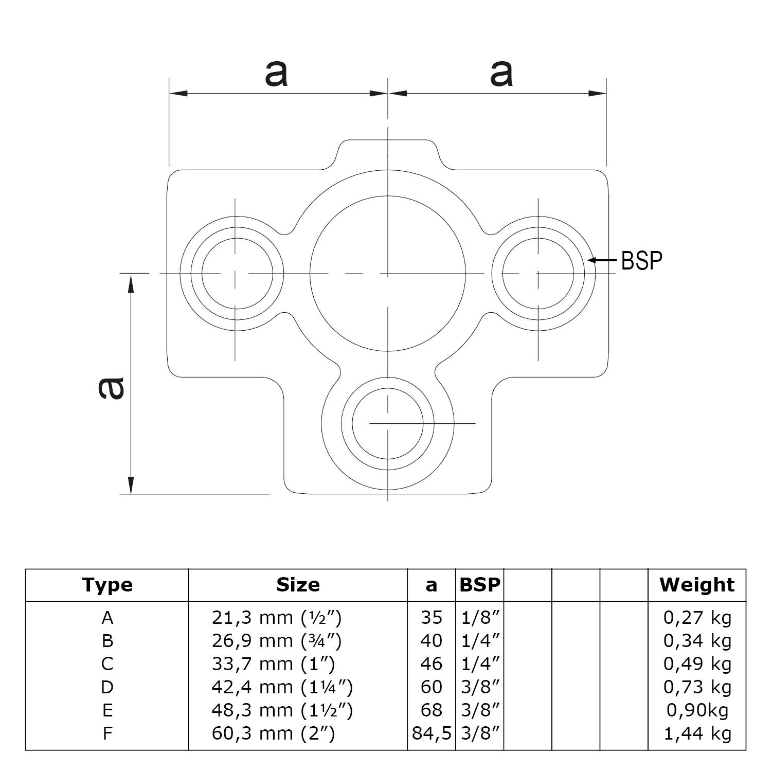 T-Stück für Stützrohr 21,3 mm (½”)