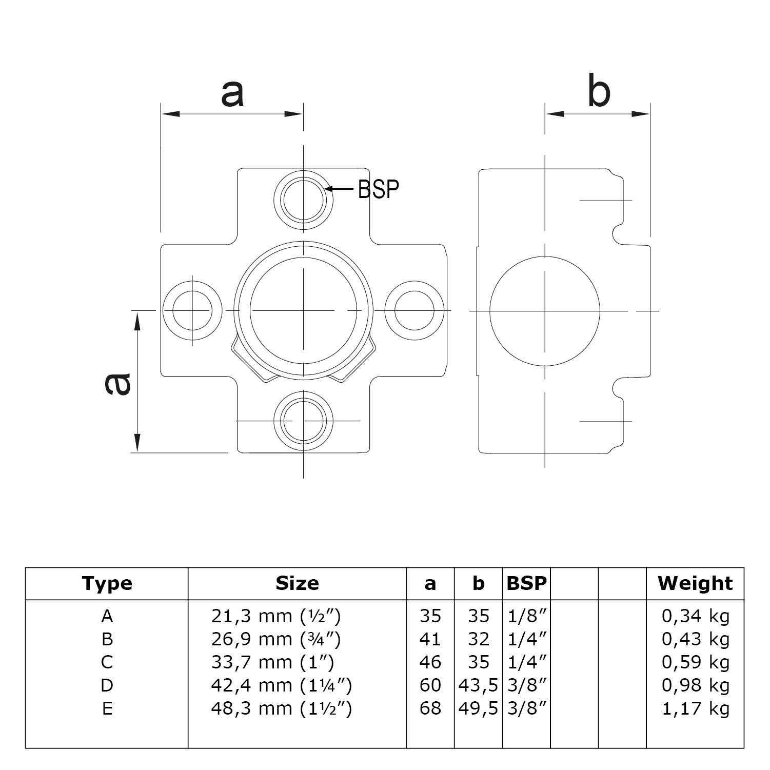 Kreuzstück für Stützrohr 21,3 mm (½”)