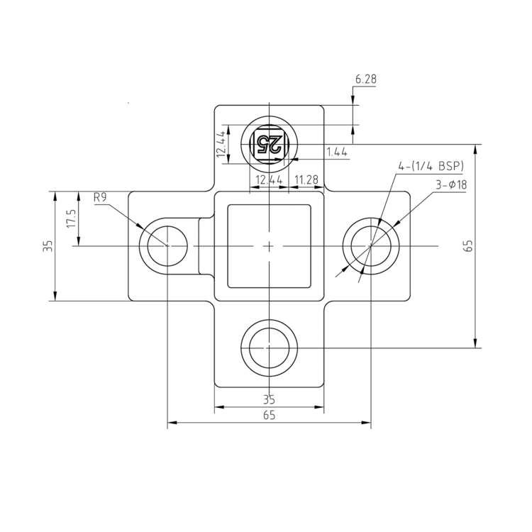 Kreuzstück für Stützrohr für quadratische Rohre, schwarz - 25 mm