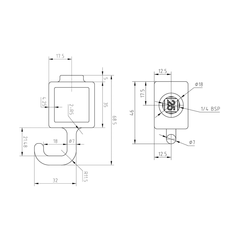 Stellring mit Haken verdreht -für quadratische Rohre, schwarz - 25 mm