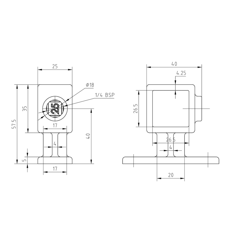 Handlaufhalterung für quadratische Rohre schwarz- 25 mm